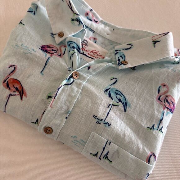 CHUBBIES SHIRT MENS LRG COTTON SS LT BLUE BUTTON CASUAL FLAMINGO TROPICAL HAWAII - Picture 1 of 13